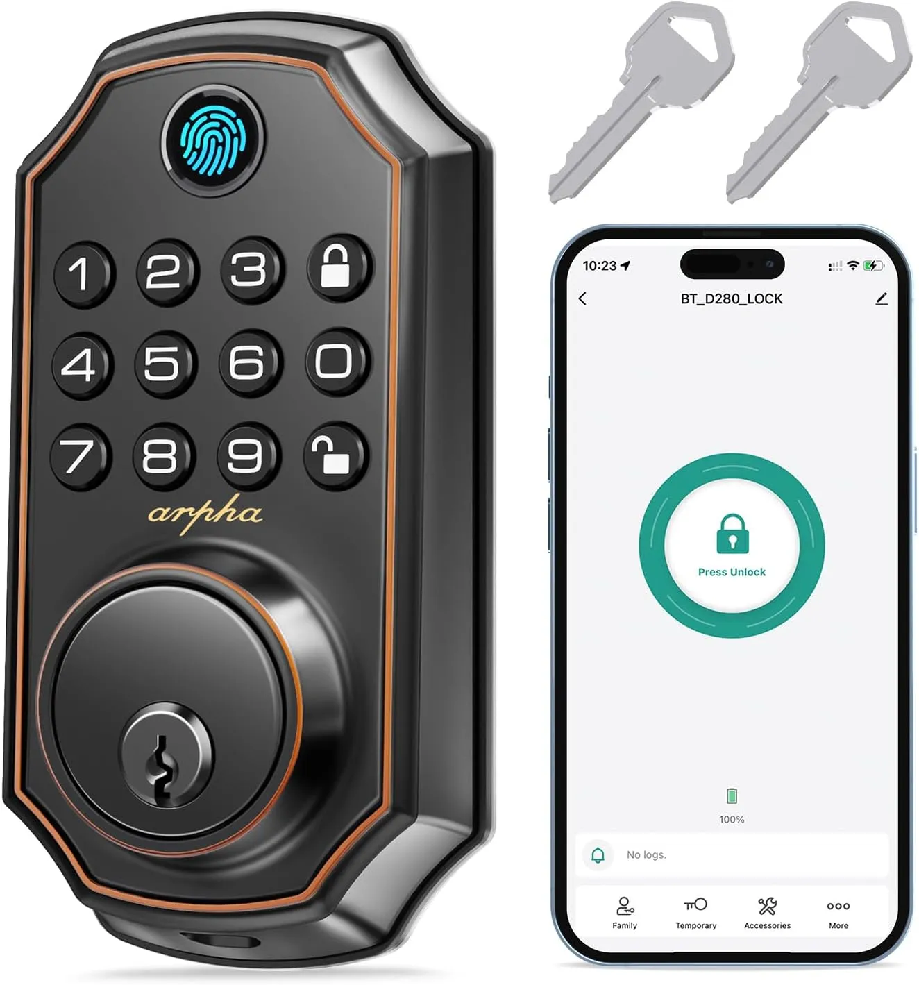 Keyless Entry Door Lock, Fingerprint Keypad Deadbolt with Bluetooth Smart APP Control, Supports Auto-Lock, One Time Code, Zinc Alloy, for US Front Door Size