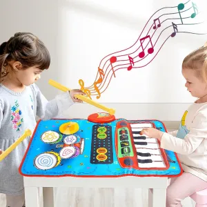 Kids 2 in 1 Musical Mat with Piano and Drum, Portable Mini Table Music Touch Keyboard Playmat Blanket Toys with 4 Different Instruments Sound, Gift for Child Girl Boy Toddler, 27.5'' x17.7''