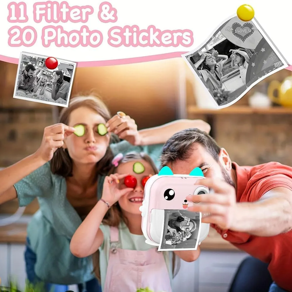 Kids Camera Instant Print, Christmas Birthday Gifts for Kids Age 3-12, Selfie Digital Camera with 1080P Videos,Toddler Portable Travel Camera Toy (Pink)