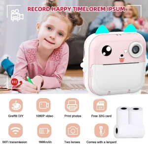 Kids Camera Instant Print, Christmas Birthday Gifts for Kids Age 3-12, Selfie Digital Camera with 1080P Videos,Toddler Portable Travel Camera Toy (Pink)