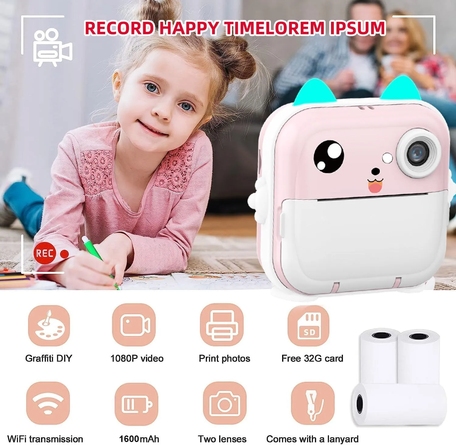 Kids Camera Instant Print, Christmas Birthday Gifts for Kids Age 3-12, Selfie Digital Camera with 1080P Videos,Toddler Portable Travel Camera Toy (Pink)