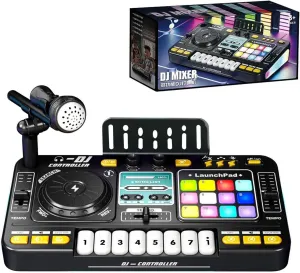 Kids DJ Mixer Console with Microphone, Bluetooth, LaunchPad, 8 Piano Keys, LED Lights, Interactive Music Toy, Ages 3 