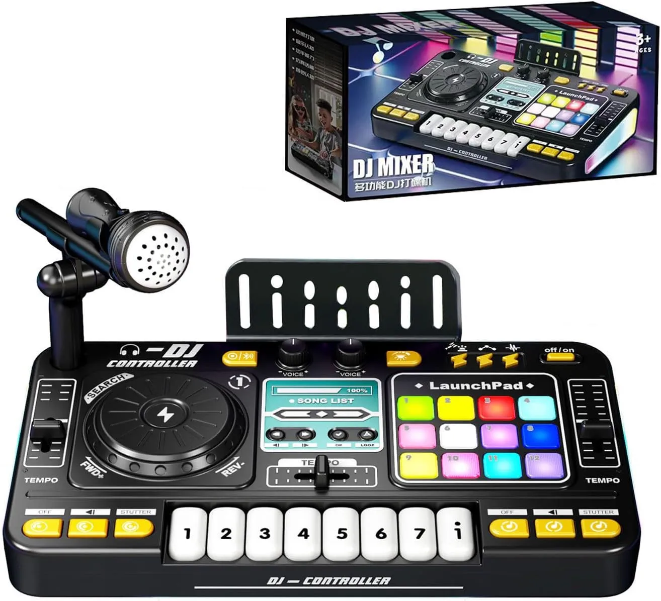 Kids DJ Mixer Console with Microphone, Bluetooth, LaunchPad, 8 Piano Keys, LED Lights, Interactive Music Toy, Ages 3 