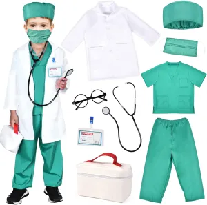 Kids Doctor Costume Pretend Play Kit with Lab Coat Carrying Bag Accessories Halloween Doctor Dress up for Boys Girls