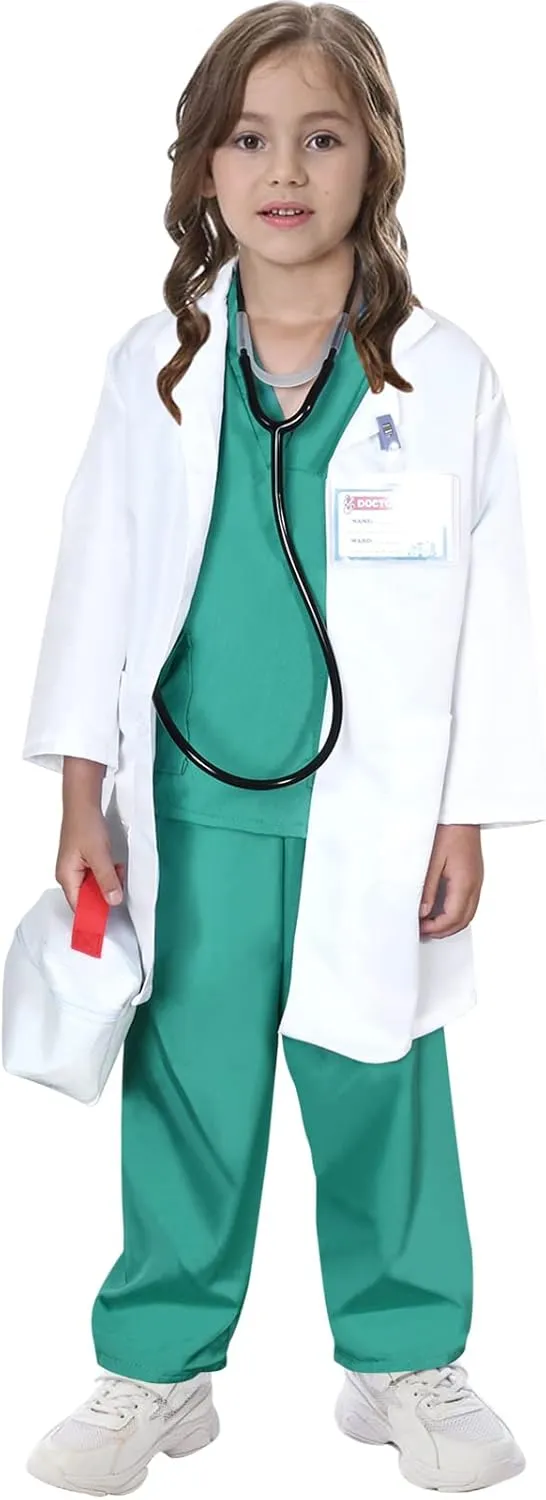 Kids Doctor Costume Pretend Play Kit with Lab Coat Carrying Bag Accessories Halloween Doctor Dress up for Boys Girls