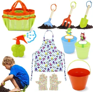 Kids Gardening Tools Set - 12 PCS Toddler Gardening Set Include Tote Bag,Rake, Fork, Gloves,Shovels,Apron,Plant Tags,Plant Pots,Watering Bucket,Sprayer - Kids Gift,Outdoor Toys Gift for Age 3-8