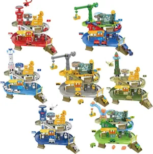 Kids Multi-Level Car Ramp Playset, ABS Plastic Track Set with Mini Cars, Crane & Spiral Tracks, Gift Toy for Boys and Girls Ages 3-6 (Train Station)