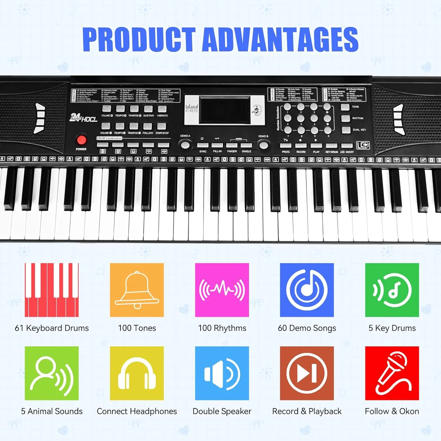 Kids Piano Keyboard, 61 Lighted Keys Electric Digital Keyboard Piano Kit 100 Voices, 100 Rhythms with Microphone, Gift for Children, Black