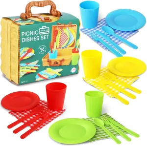 Kids Picnic Basket Toy Dishes, 25 Piece Plastic Tea Party Set - Colored Pretend Play Dishes Playset, Toddlers Kitchen Toys for Boys and Girls, Ages 3 