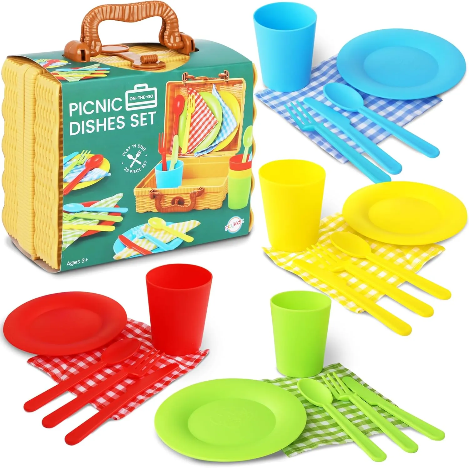Kids Picnic Basket Toy Dishes, 25 Piece Plastic Tea Party Set - Colored Pretend Play Dishes Playset, Toddlers Kitchen Toys for Boys and Girls, Ages 3 