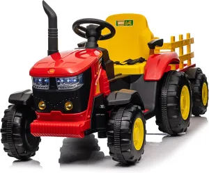 Kids Ride on Tractor with Detachable Trailer and Remote Control, 12V Battery Powered Tractor Car Toy, Dual 35W Electric Vehicles with LED Headlights for Boys Girls 3-8, Red