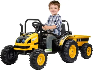 Kids Ride on Tractor with Tiltable Trailer 6 Wheels, Ride on Car with Remote Control, 12V Battery Powered Electric Vehicle, Spring Suspension, Music LED Light, Gift for Boys and Girls (Yellow)