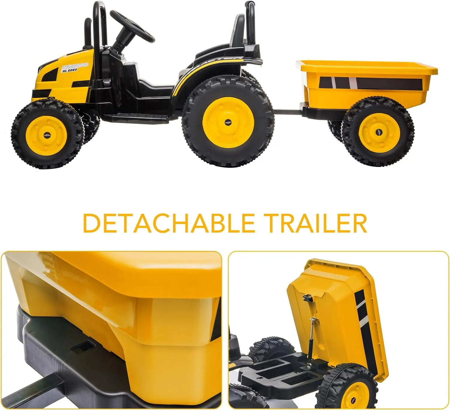 Kids Ride on Tractor with Tiltable Trailer 6 Wheels, Ride on Car with Remote Control, 12V Battery Powered Electric Vehicle, Spring Suspension, Music LED Light, Gift for Boys and Girls (Yellow)