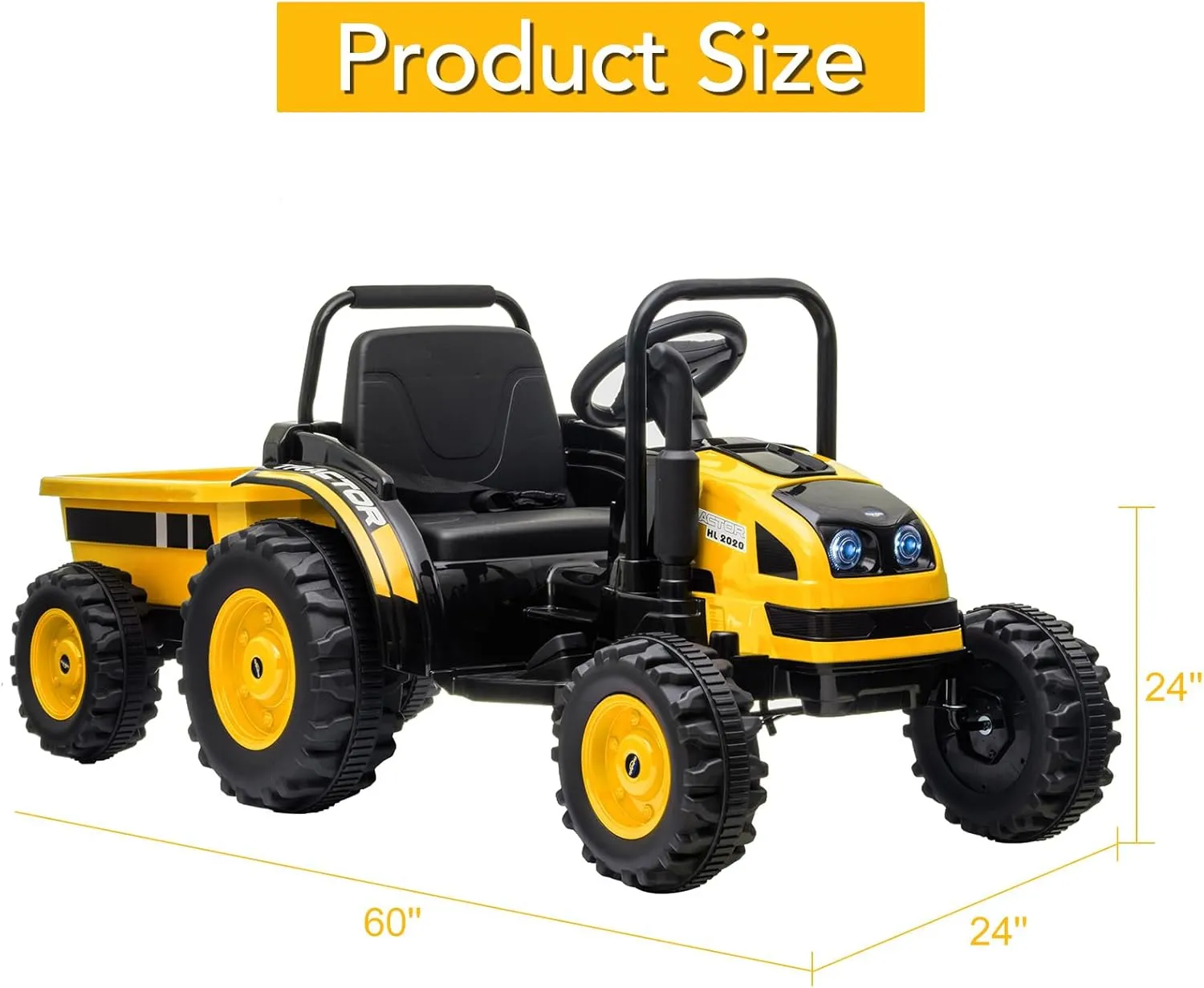 Kids Ride on Tractor with Tiltable Trailer 6 Wheels, Ride on Car with Remote Control, 12V Battery Powered Electric Vehicle, Spring Suspension, Music LED Light, Gift for Boys and Girls (Yellow)