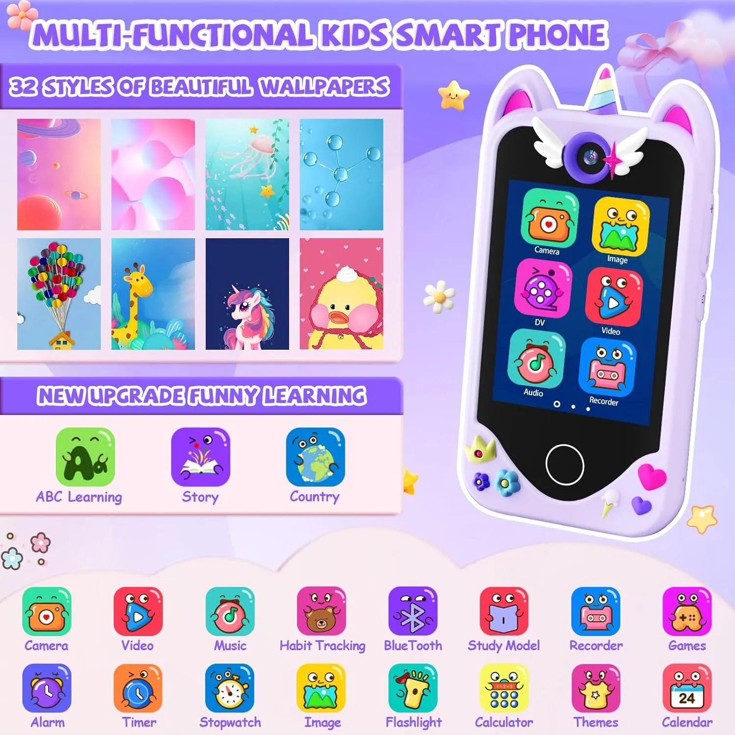 Kids Smart Phone for Girls Gifts - Toddler Christmas Birthday Gift for Age 3 4 5 6 Year Old, Kids Cell Phone Toy with Touchscreen, Dual Cameras, Learning, Kid Mp3 Music Player, Games with 32 GB Card