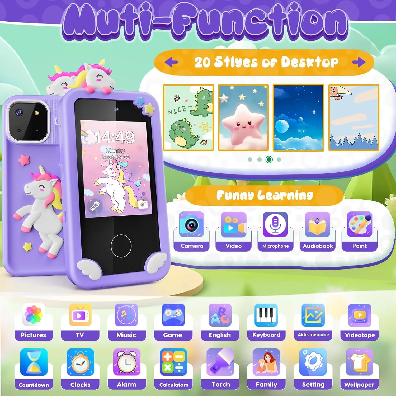 Kids Smart Phone Toys for Girls,Unicorn Gift Toys for Girls Ages 3-9 Christmas Birthday Gifts Mini Smart Phone Toys With 2.8" Touchscreen 16 Learning Games Dual Camera Music Player, 8G SD Card