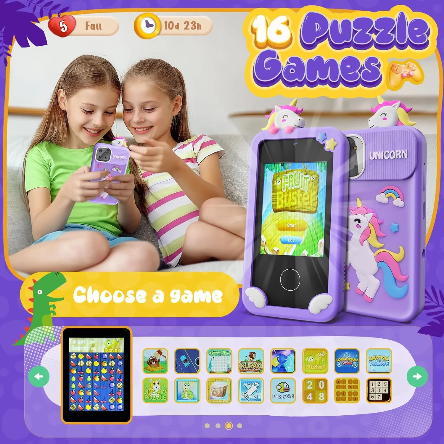 Kids Smart Phone Toys for Girls,Unicorn Gift Toys for Girls Ages 3-9 Christmas Birthday Gifts Mini Smart Phone Toys With 2.8" Touchscreen 16 Learning Games Dual Camera Music Player, 8G SD Card