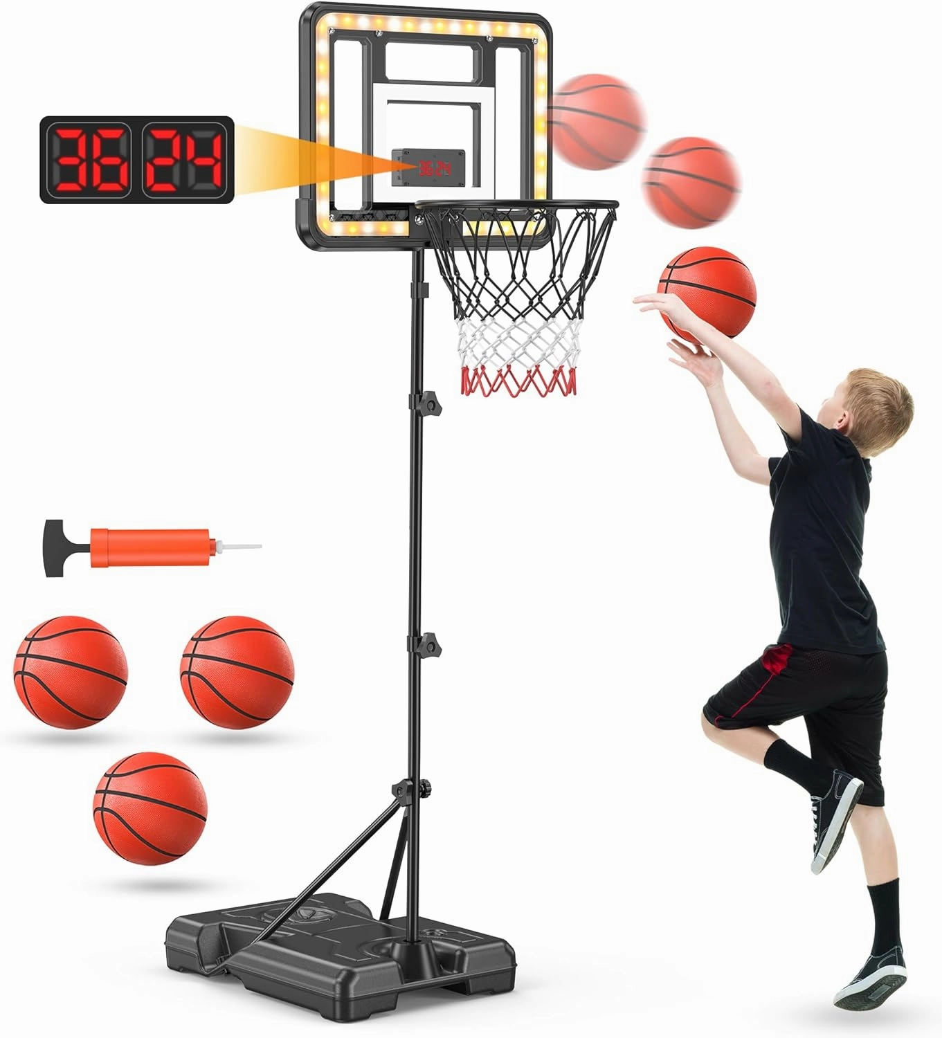 Kids Indoor Basketball Hoop with Scoreboard & Timer,Toddler Adjustable Height 3ft-5.8ft Basketball Hoop with Stand Goal Toy for Outdoor Backyard,Sports Game Play for Boys Age 3-8