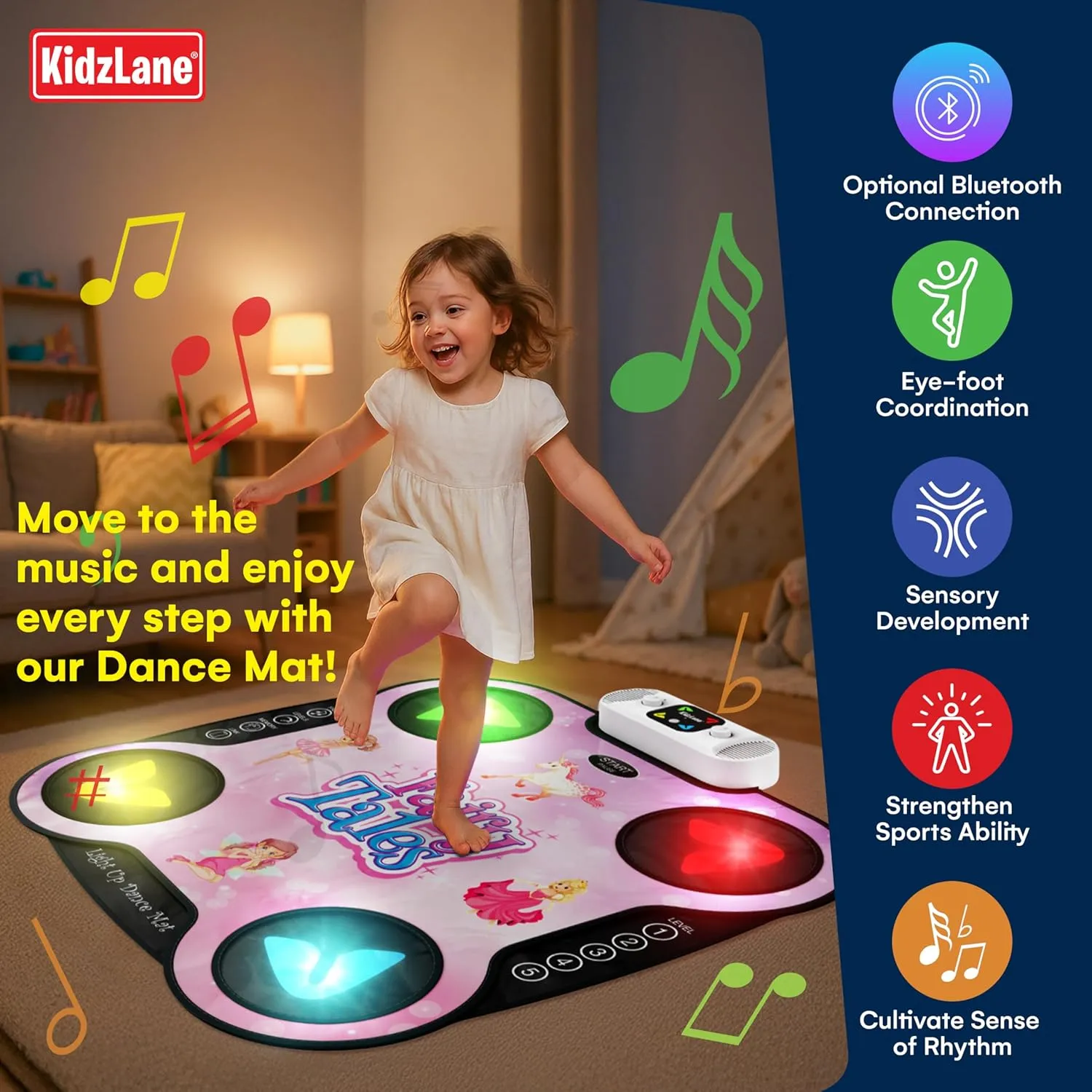 Kidzlane Light Up DJ Dance Mat for Kids - Bluetooth & AUX Compatible - 3 Fun Arcade Games with 5 Difficulty Levels - Detachable Top Mats with Fairytale & Speaker Motives - Adjustable Volume - Ages 6 