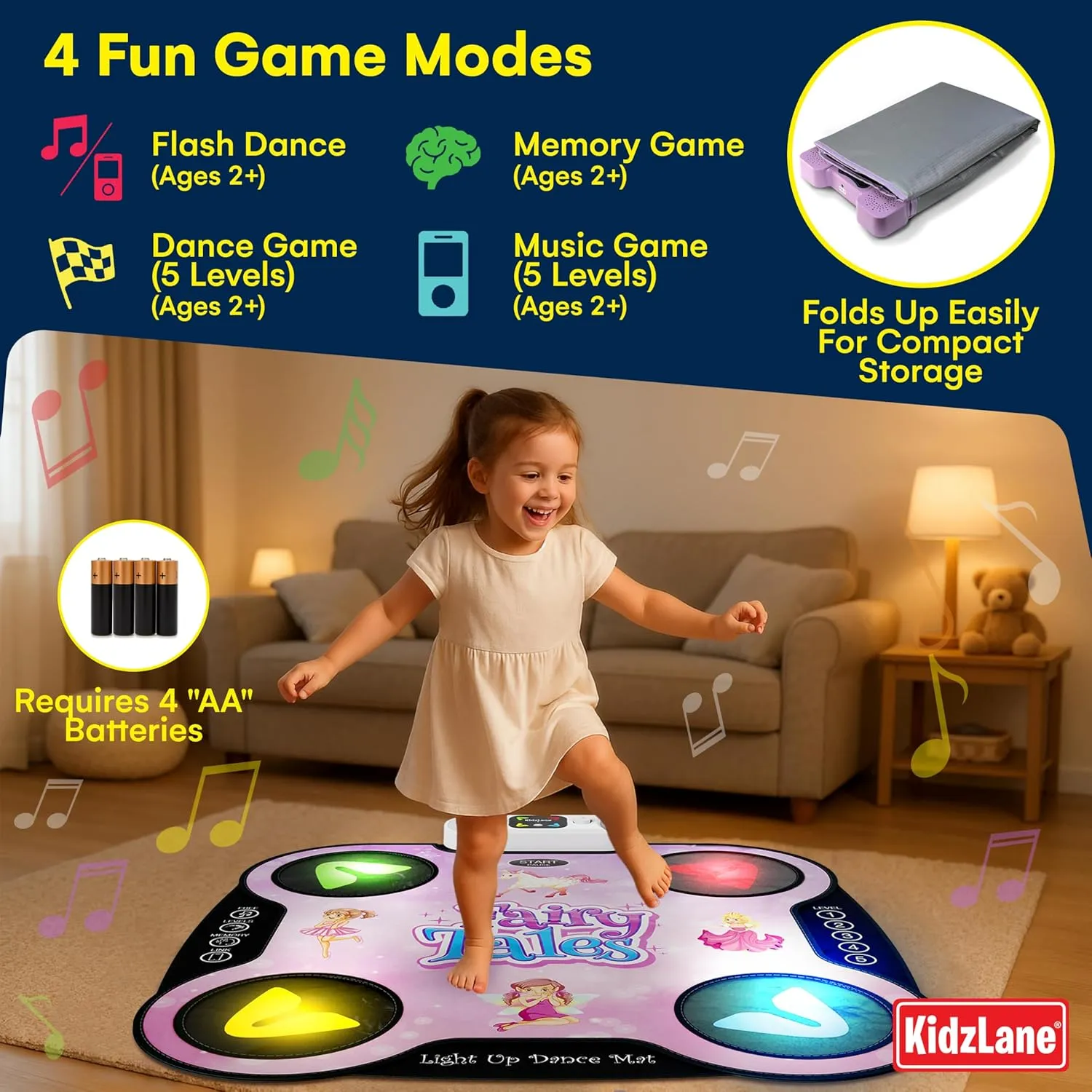 Kidzlane Light Up DJ Dance Mat for Kids - Bluetooth & AUX Compatible - 3 Fun Arcade Games with 5 Difficulty Levels - Detachable Top Mats with Fairytale & Speaker Motives - Adjustable Volume - Ages 6 