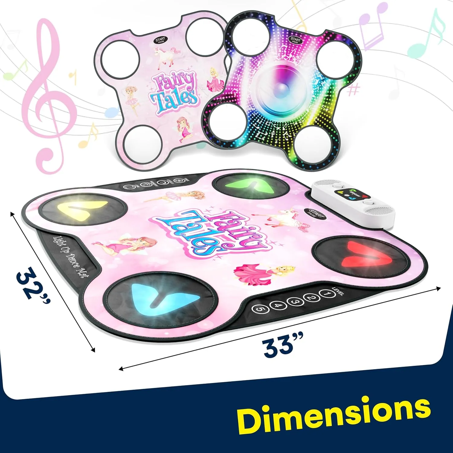 Kidzlane Light Up DJ Dance Mat for Kids - Bluetooth & AUX Compatible - 3 Fun Arcade Games with 5 Difficulty Levels - Detachable Top Mats with Fairytale & Speaker Motives - Adjustable Volume - Ages 6 