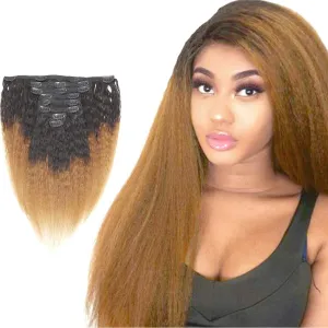 Kinky Straight Clip in Hair Extensions Double Weft Virgin Human Hair Real Thick Ombre 2 Tone 1B/Brown Yaki Straight Clip In Hair Extension 8 Pcs 18 Clips 120g 14"
