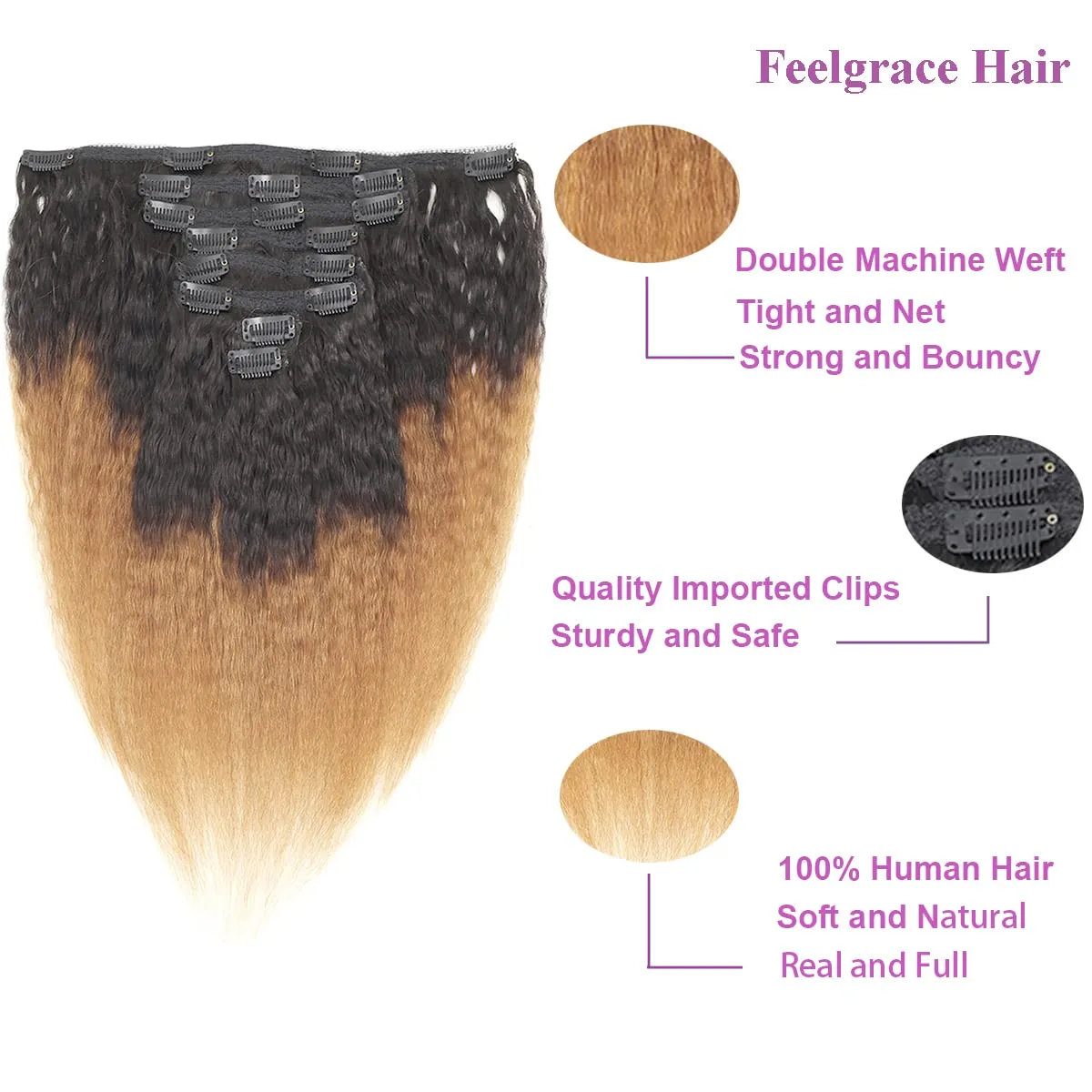 Kinky Straight Clip in Hair Extensions Double Weft Virgin Human Hair Real Thick Ombre 2 Tone 1B/Brown Yaki Straight Clip In Hair Extension 8 Pcs 18 Clips 120g 14"