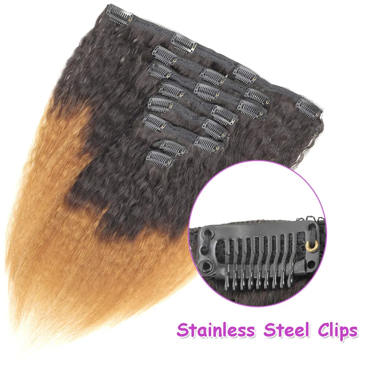 Kinky Straight Clip in Hair Extensions Double Weft Virgin Human Hair Real Thick Ombre 2 Tone 1B/Brown Yaki Straight Clip In Hair Extension 8 Pcs 18 Clips 120g 14"
