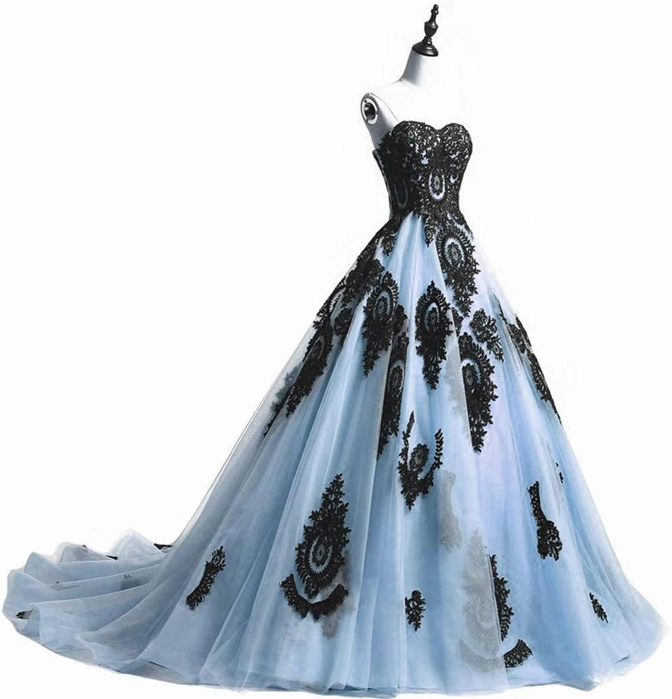 Kivary Long Ball Gown Black Lace Gothic Corset Formal Prom Evening Dresses