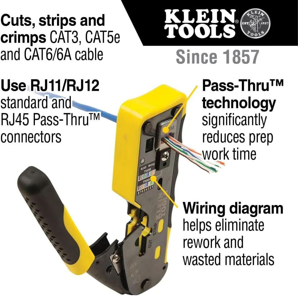 Klein Tools 80024 Ratcheting Data Cable and RJ45 Crimp Tool with CAT6 Plug 50-Pack, Pass Thru Installation Tool Kit