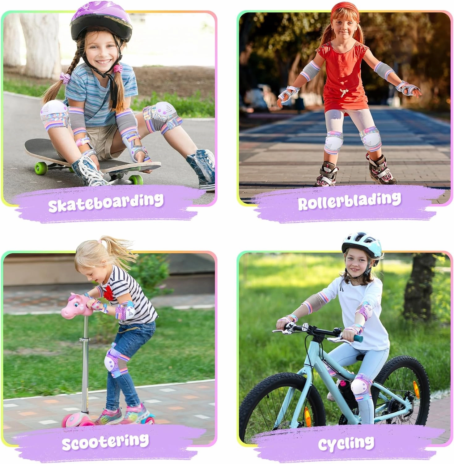 Knee Pads for Kids, ZOOBLISS Toddler Knee and Elbow Pads Set Wrist Guards for Skating Girls Aged 3-12, Kids Protective Gear for Roller Skates Skateboard Bike Scooter, Included Drawstring Bag (Rainbow)