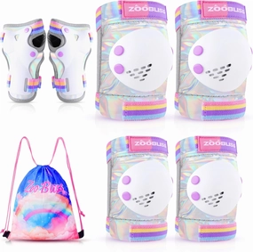 Knee Pads for Kids, ZOOBLISS Toddler Knee and Elbow Pads Set Wrist Guards for Skating Girls Aged 3-12, Kids Protective Gear for Roller Skates Skateboard Bike Scooter, Included Drawstring Bag (Rainbow)