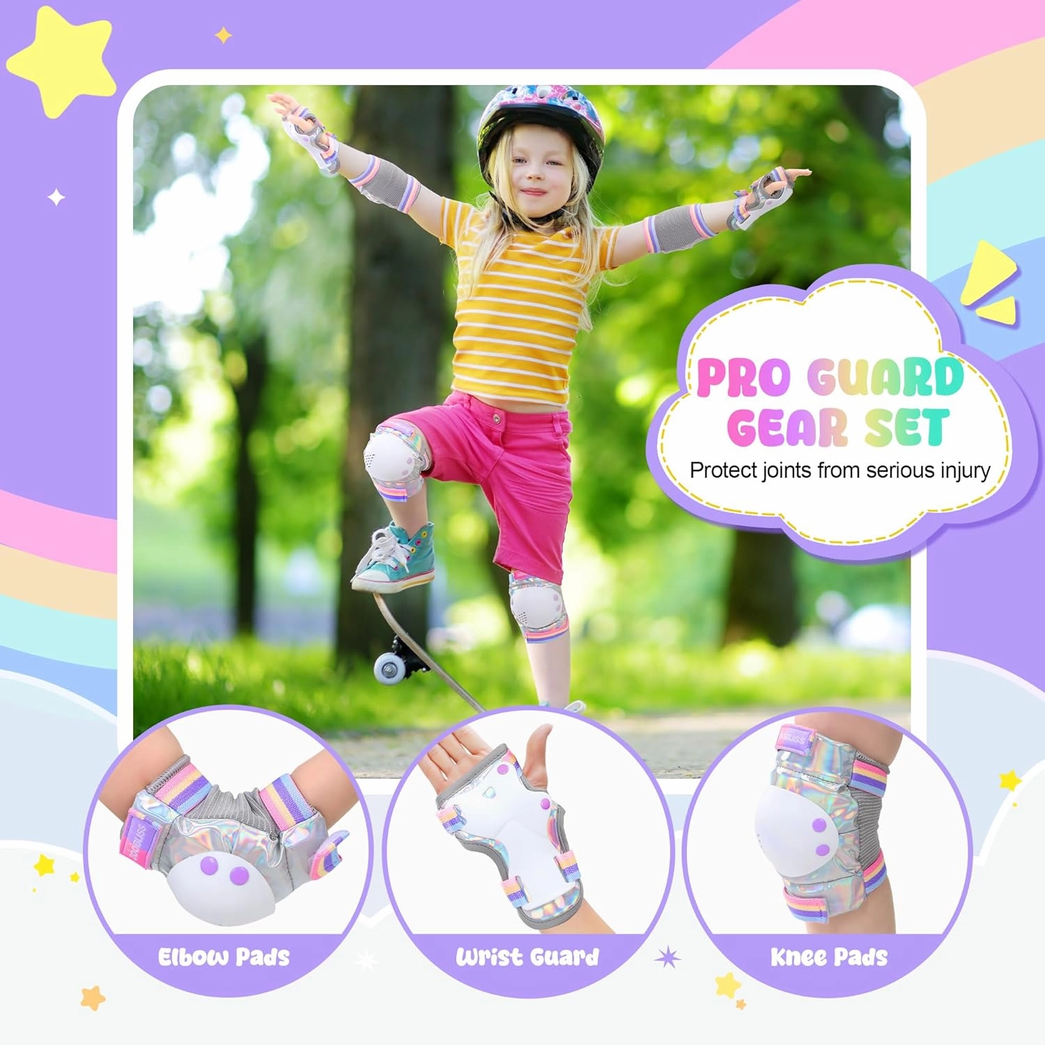 Knee Pads for Kids, ZOOBLISS Toddler Knee and Elbow Pads Set Wrist Guards for Skating Girls Aged 3-12, Kids Protective Gear for Roller Skates Skateboard Bike Scooter, Included Drawstring Bag (Rainbow)