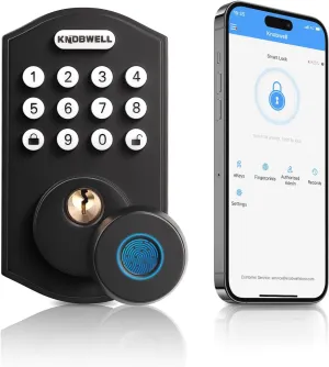 KNOBWELL Keyless Entry Door Lock, 4 in 1 Smart Fingerprint Keypad Deadbolt with 2 Keys, Electronic Door Deadbolt Lock, One Touch Auto, One Time Code