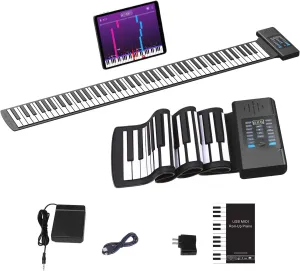 KONIX 88 Keys Roll Up Piano, Upgraded Portable Rechargeable Hand Roll Piano Keyboard, 128 Rhythms, 128 Tones, Roll Out Keyboard Piano with LED Display MIDI Function, Best Gift for Kids and Beginners