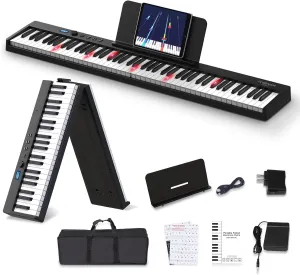 KONIX Folding Piano Keyboard, 88 Keys Full Size Semi Weighted Foldable Piano, Portable Electric Keyboard Piano with Light Up Key, Sustain Pedal, Piano Stickers, Sheet Music Stand and Piano Bag, Black