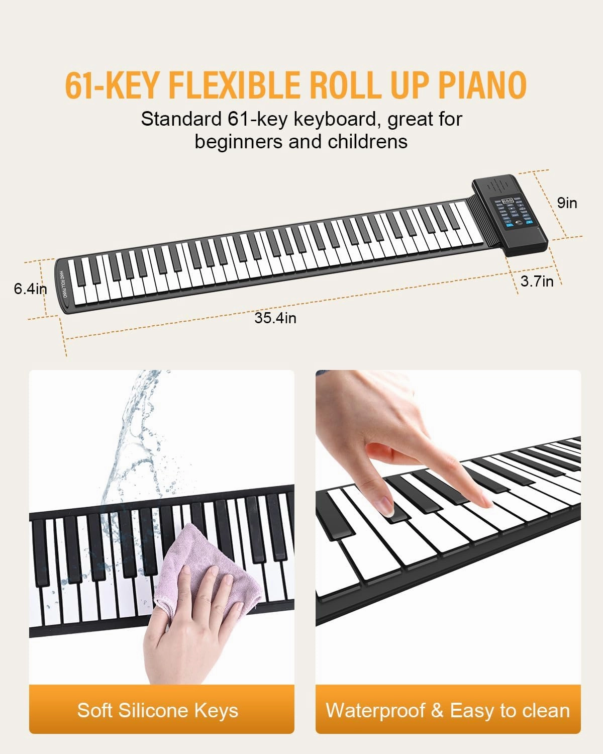 KONIX 61 Key Roll Up Piano,Upgraded Portable Rechargeable Hand Roll Piano with Silicon Flexible Keyboard, MIDI Output, Headphone Connection, 128 Rhythms,Best Gift for Kids and Beginners