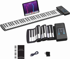 KONIX 61 Key Roll Up Piano,Upgraded Portable Rechargeable Hand Roll Piano with Silicon Flexible Keyboard, MIDI Output, Headphone Connection, 128 Rhythms,Best Gift for Kids and Beginners