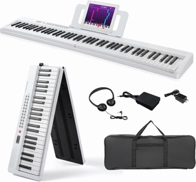 Ktaxon Foldable Piano Keyboard 88 Key Electronic Keyboard Piano with A Portable Bag, Professional Pedal, Stereo Headphones and Smart MIDI Bluetooth Function(White)