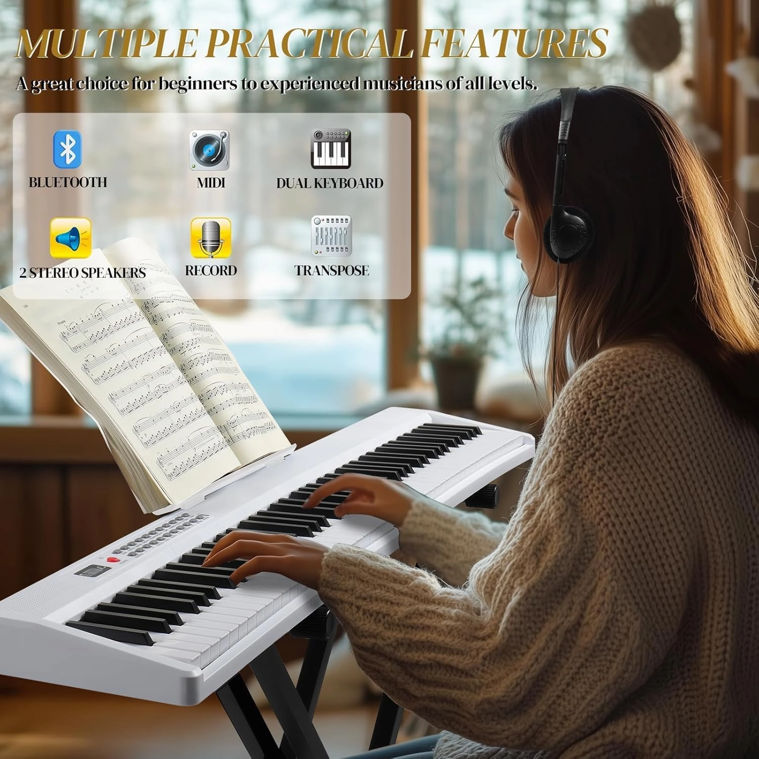 Ktaxon Foldable Piano Keyboard 88 Key Electronic Keyboard Piano with A Portable Bag, Professional Pedal, Stereo Headphones and Smart MIDI Bluetooth Function(White)