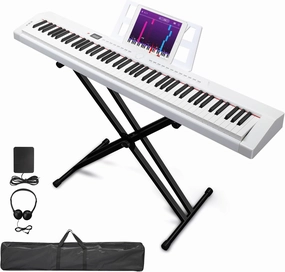 Ktaxon Weighted Keyboard Piano 88 Keys Digital Piano with Adjustable Dual "X" Shape Stand, Portable Bag, Professional Pedal, Stereo Headphones and Smart MIDI Bluetooth Function(Weighted Key-White)