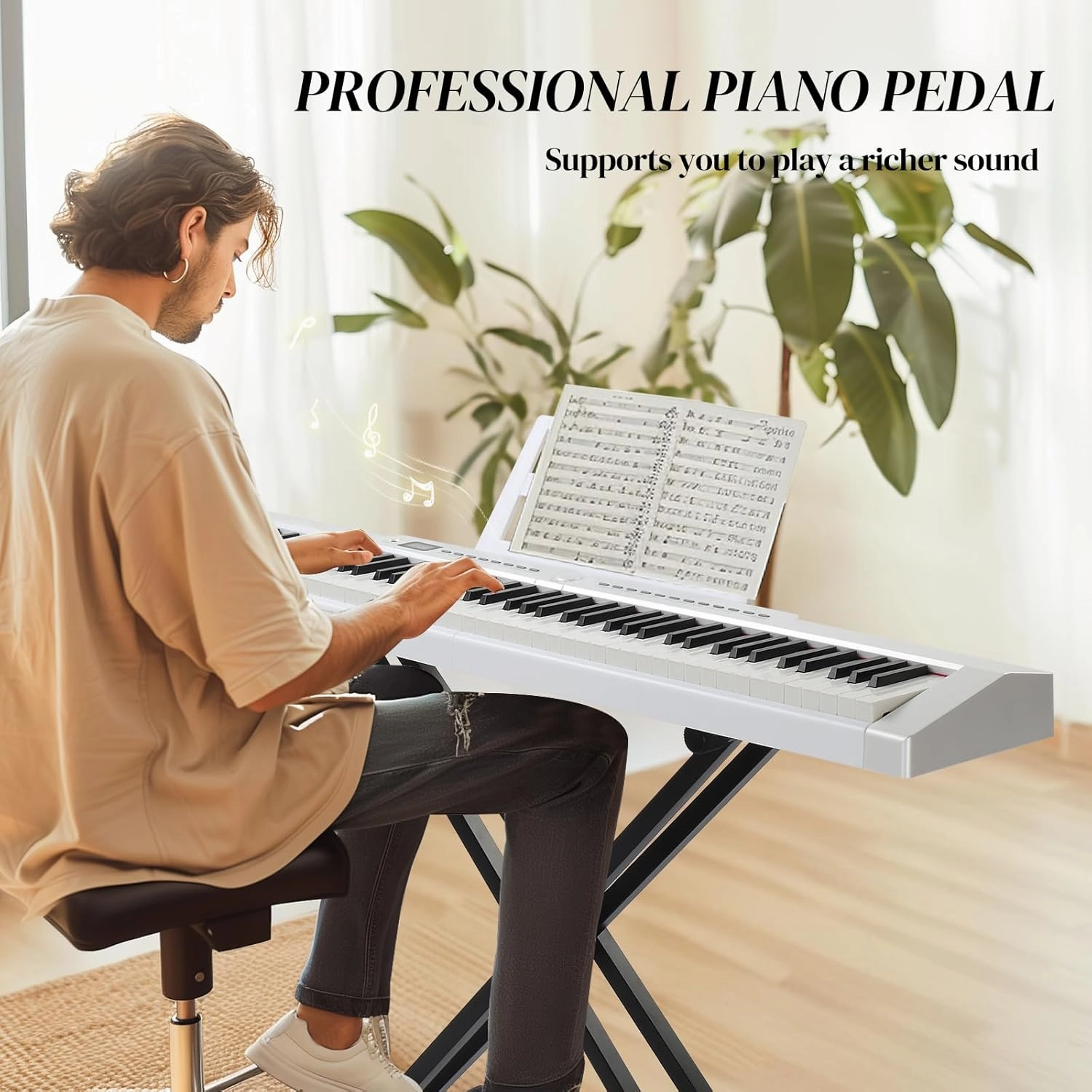 Ktaxon Weighted Keyboard Piano 88 Keys Digital Piano with Adjustable Dual "X" Shape Stand, Portable Bag, Professional Pedal, Stereo Headphones and Smart MIDI Bluetooth Function(Weighted Key-White)