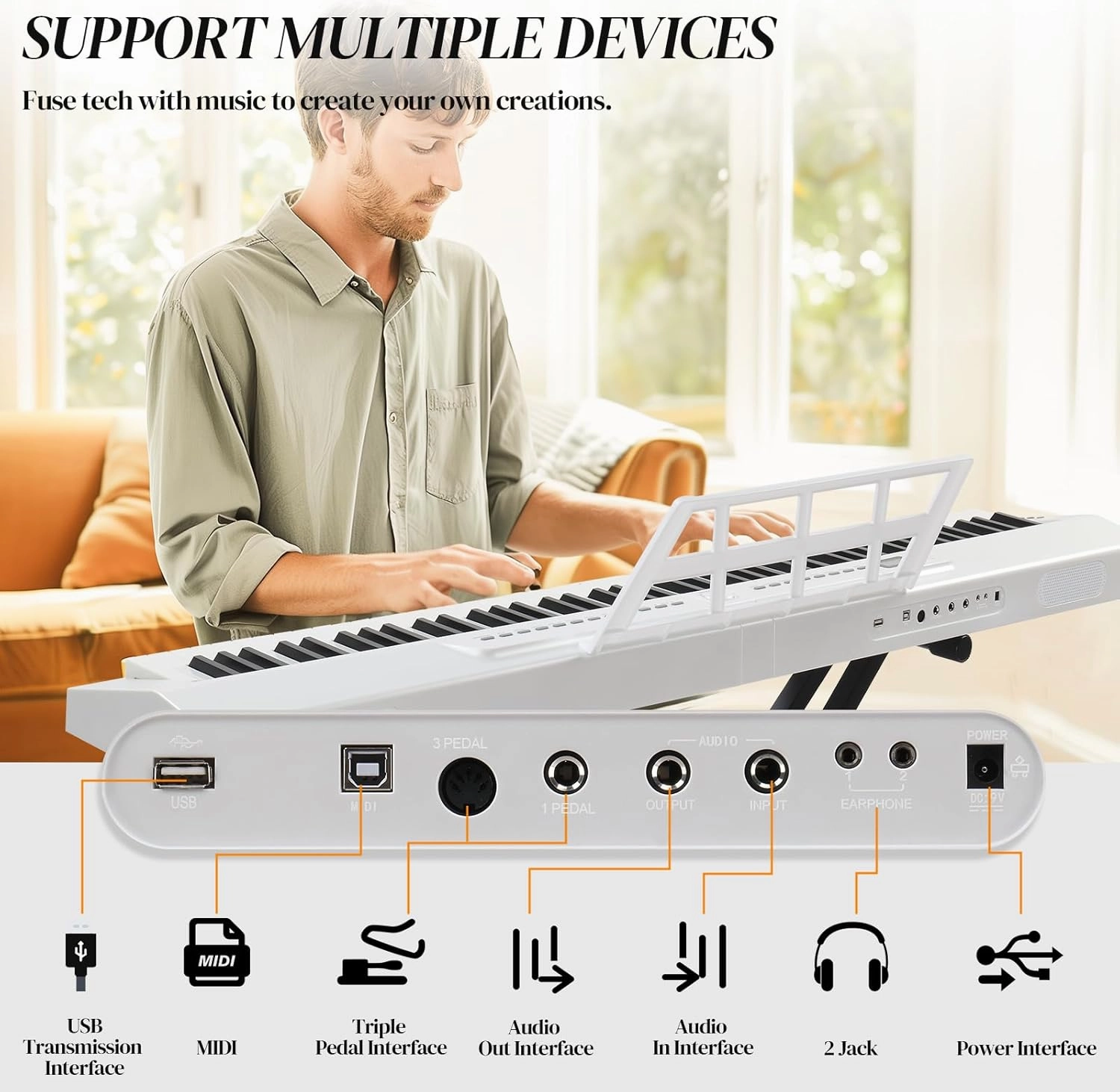 Ktaxon Weighted Keyboard Piano 88 Keys Digital Piano with Adjustable Dual "X" Shape Stand, Portable Bag, Professional Pedal, Stereo Headphones and Smart MIDI Bluetooth Function(Weighted Key-White)