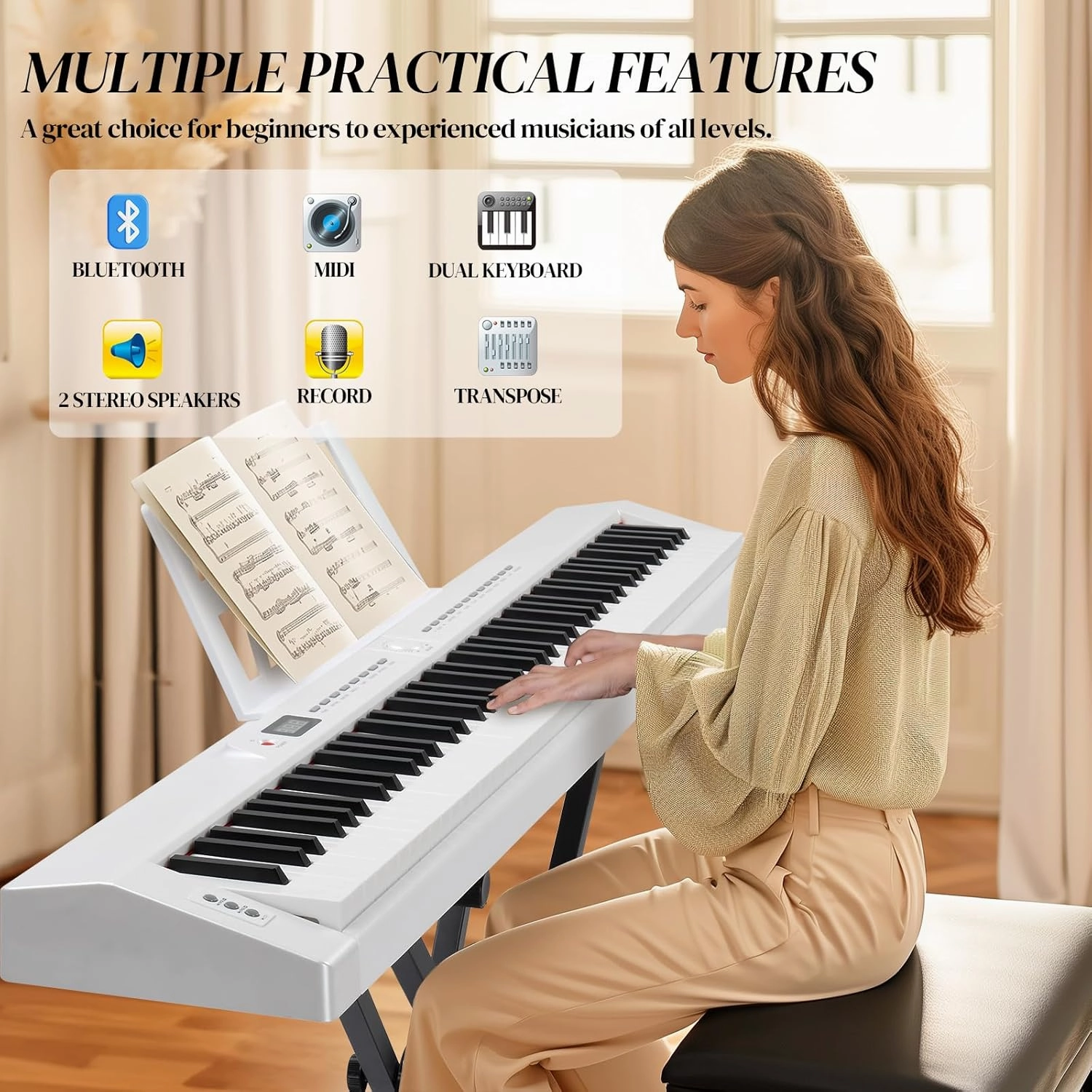 Ktaxon Weighted Keyboard Piano 88 Keys Digital Piano with Adjustable Dual "X" Shape Stand, Portable Bag, Professional Pedal, Stereo Headphones and Smart MIDI Bluetooth Function(Weighted Key-White)