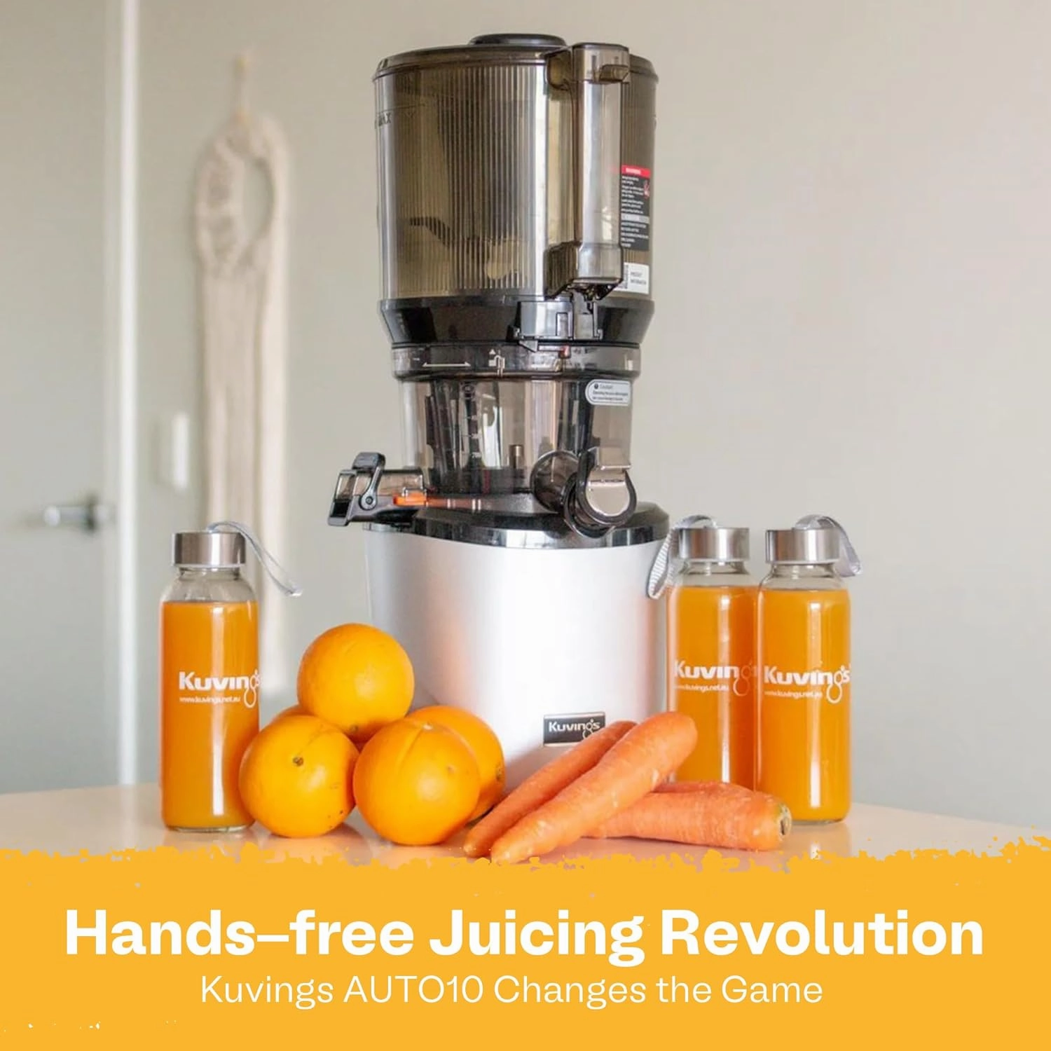 Kuvings AUTO10 Cold Press Juicer Silver - Hands-Free Electric Masticating Juicer Machine With 240W Motor - Very Quiet With 100 Oz Batching Hopper for Juice, Smoothies, Nut Milk, and Sorbets