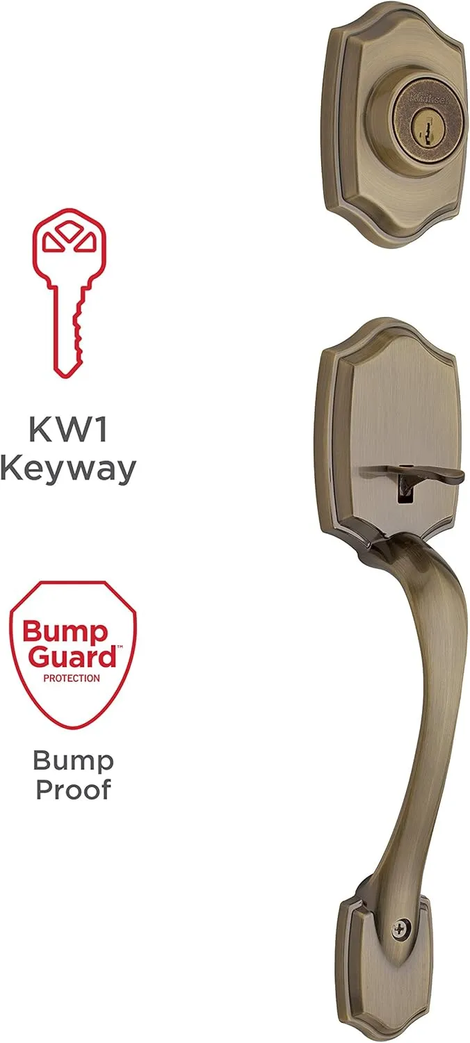 Kwikset Belleview Front Door Lock Handle and Deadbolt Set, Entry Handleset Exterior with Interior Door Knob, Antique Brass, Pick Resistant SmartKey Rekey Deadbolt Security