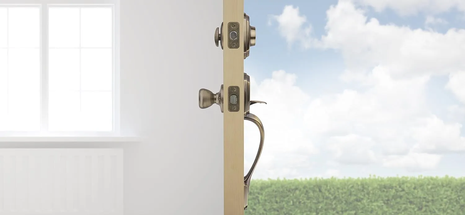 Kwikset Belleview Front Door Lock Handle and Deadbolt Set, Entry Handleset Exterior with Interior Door Knob, Antique Brass, Pick Resistant SmartKey Rekey Deadbolt Security