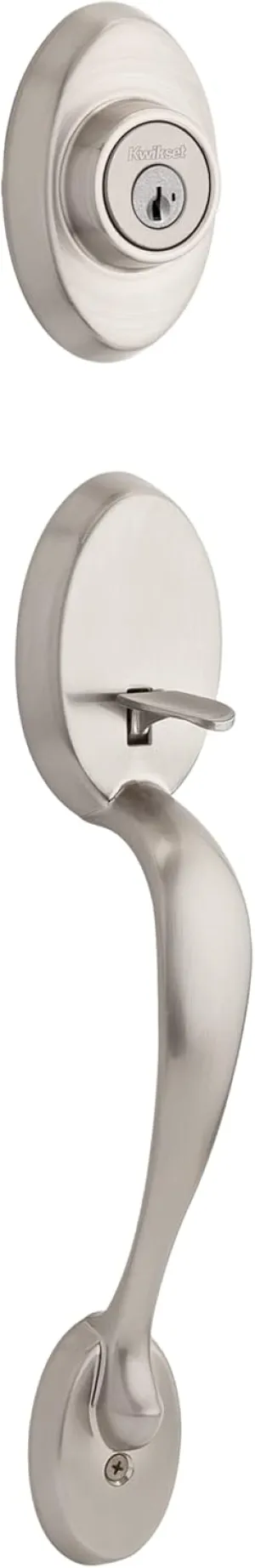 Kwikset Chelsea Front Door Lock Handle and Deadbolt Set, Entry Handleset Exterior with Interior Door Knob, Satin Nickel, Pick Resistant SmartKey Rekey Deadbolt Security