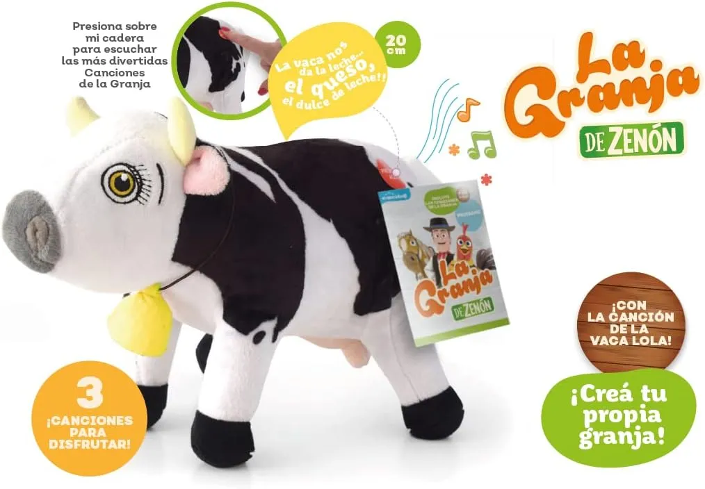 LA GRANJA DE ZENÓN Vaca Lola Musical Stuffed Animal 8-Inch Soft and Huggable Plush Toy with Music, Beloved El Reino Infantil Character