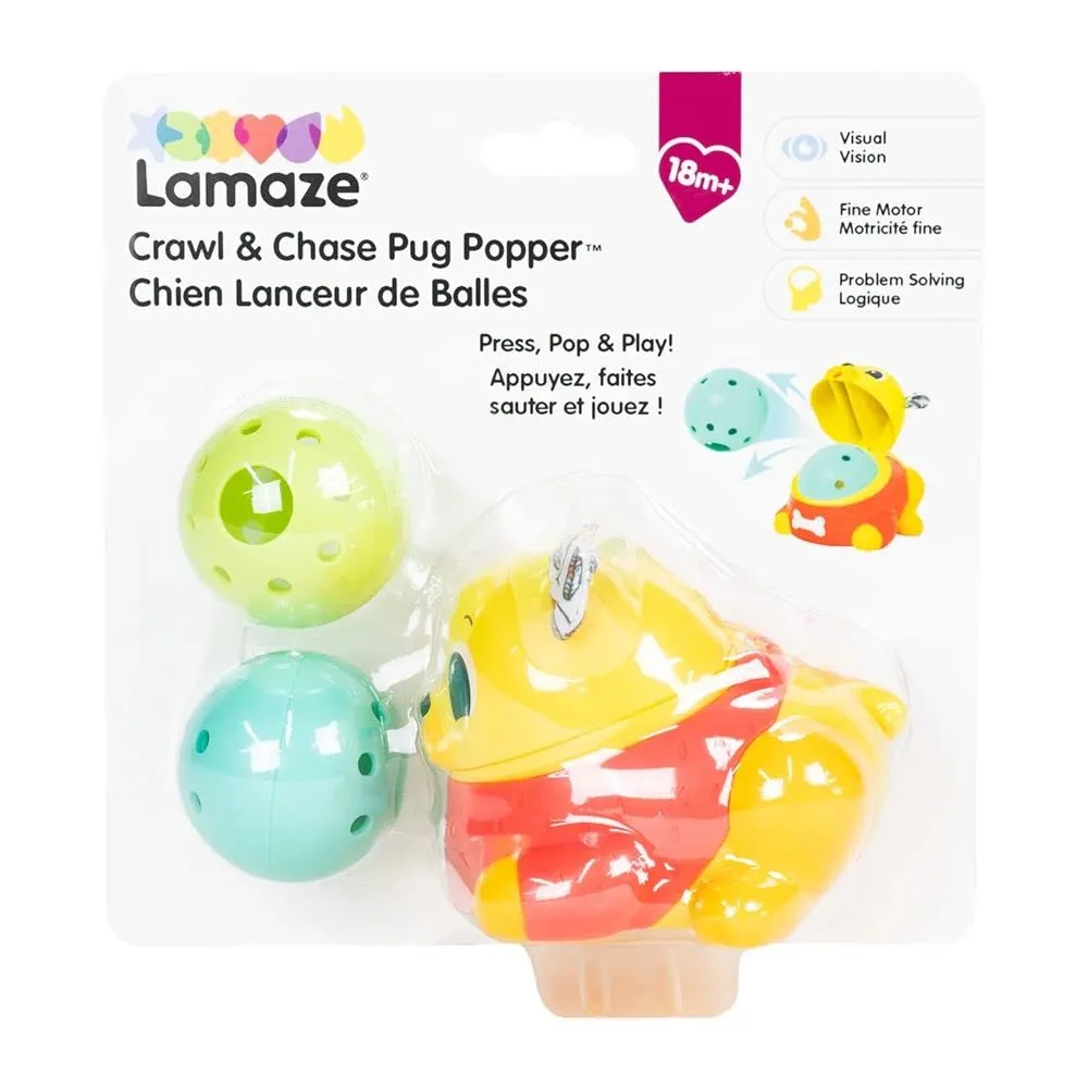 Lamaze Crawl & Chase Pug Ball Popper Toy - Includes Pug Ball Popper and 2 Baby Ball Toys - Baby Easter Basket Stuffers - Baby Crawling Toys Ages 18 Months and Up